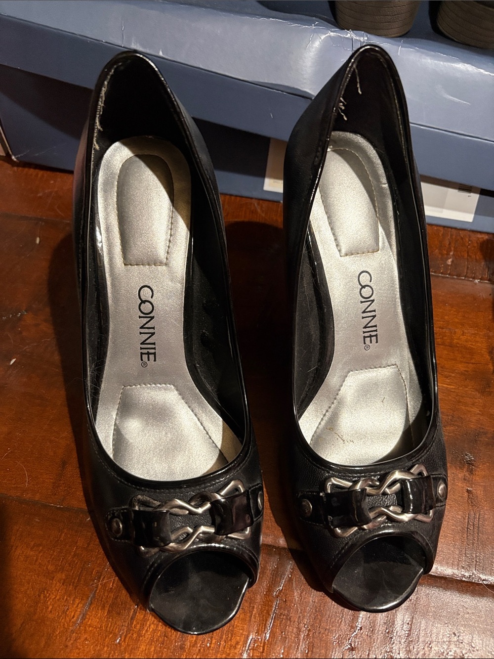 Connie Black Peep-Toe Heels with Chain Detail